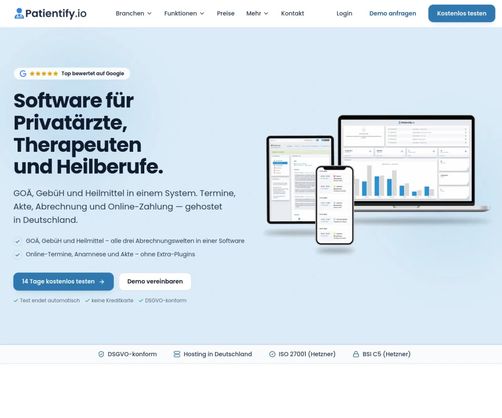 Screenshot der Patientify.io Anwendung – Praxismanagement für Therapeuten und Ärzte.