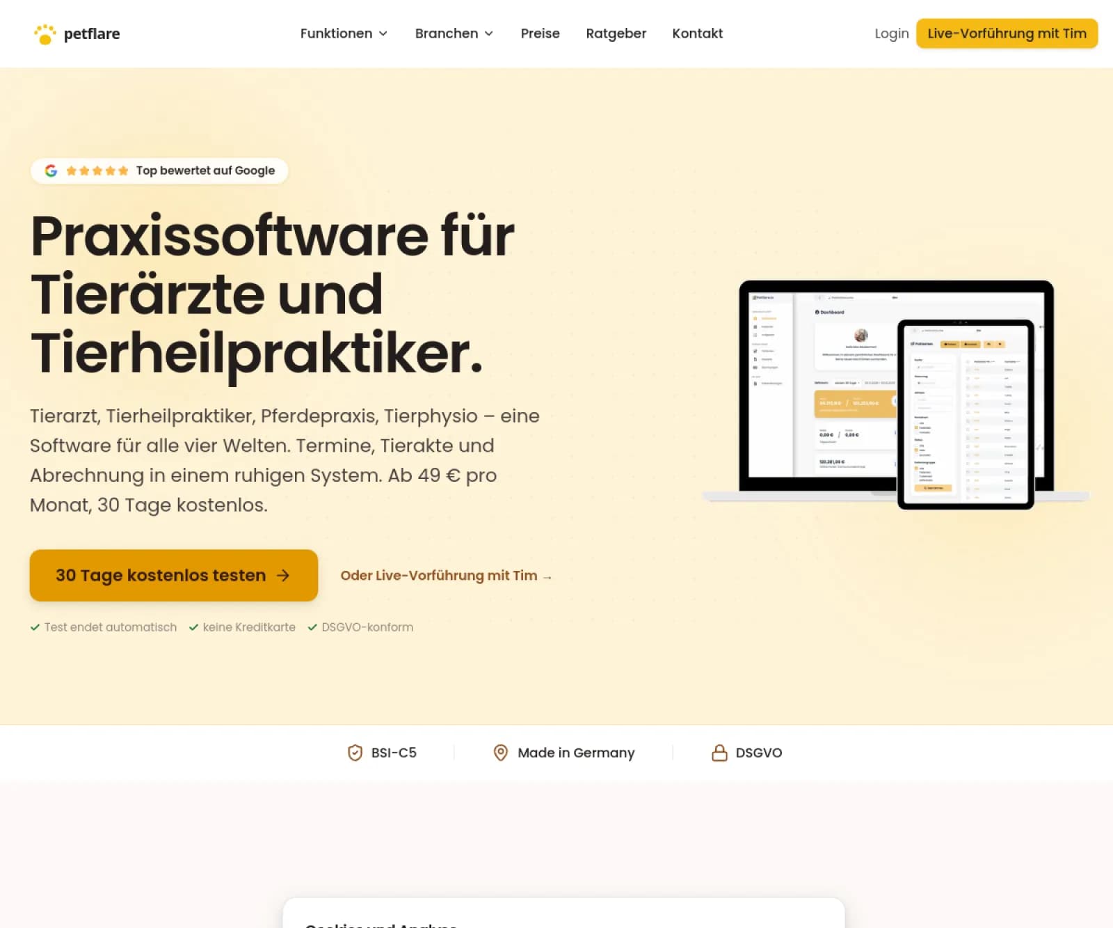 Screenshot der Petflare.io Anwendung – Tierarztpraxis digital geführt.