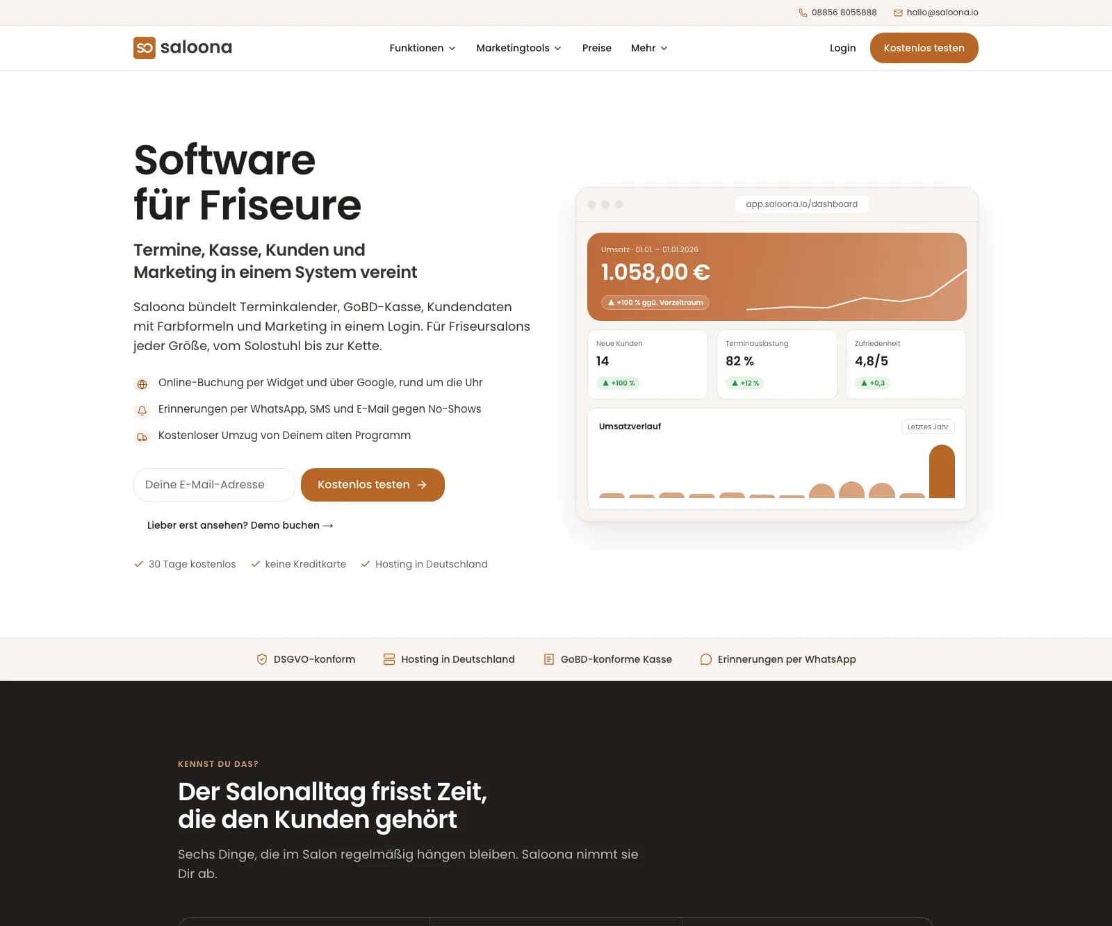Screenshot der Saloona.io Anwendung – Software für Friseure: Termine, Kasse, Kunden.